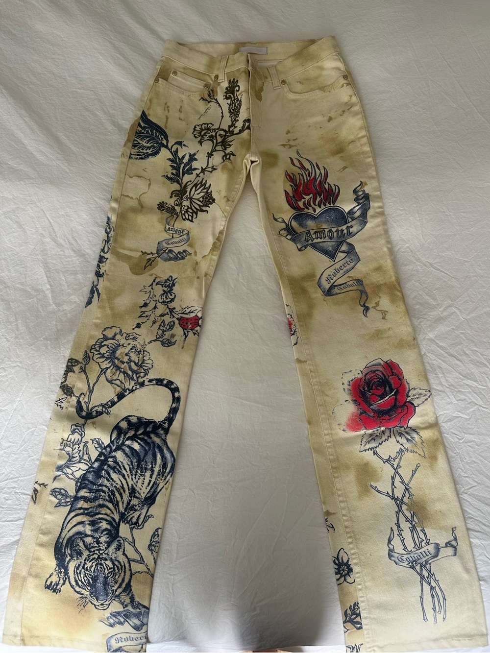 Vintage Roberto Cavalli cream tattoo tiger motif jeans - Picture 1 of 4